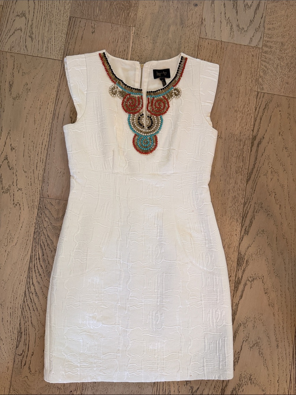 Laundry By Shelli Segal White Textured Mini Dress with Multicolor Beaded Neck